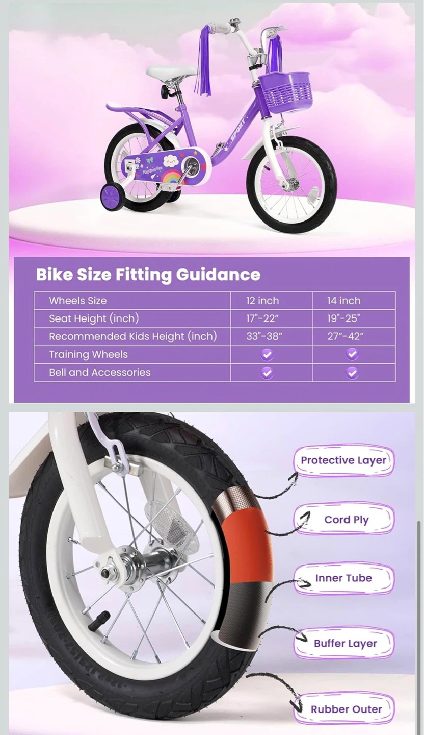 Kids Purple Bike with Basket and Training Wheels - photo 5