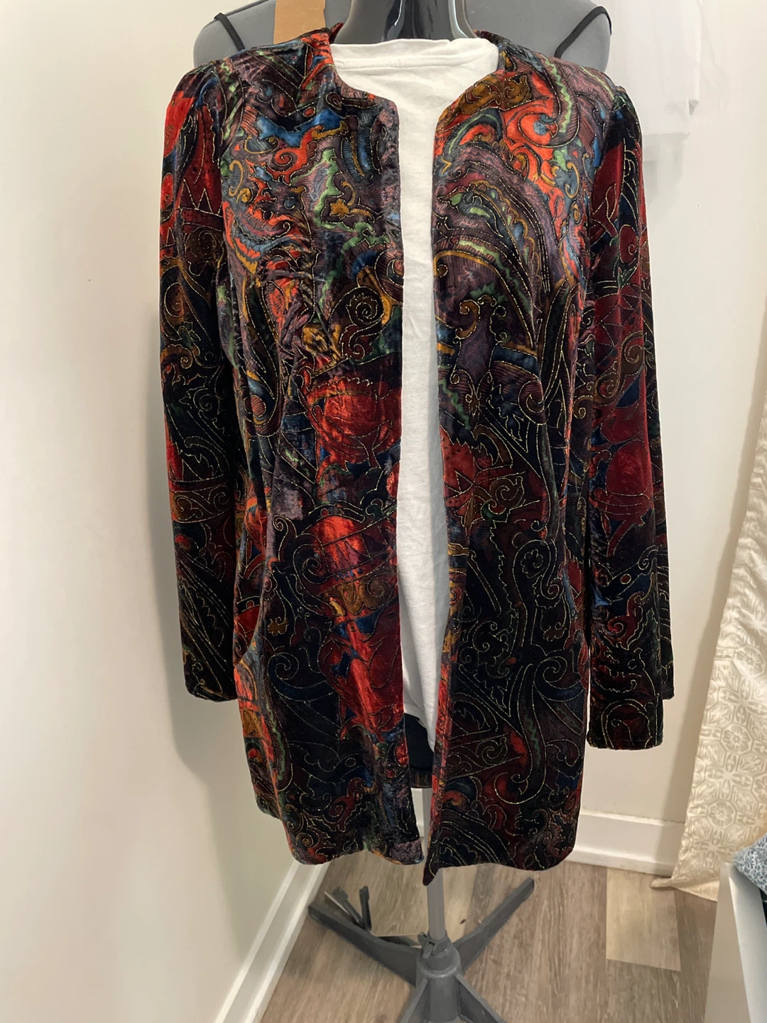 Velvet Print Open Front Jacket