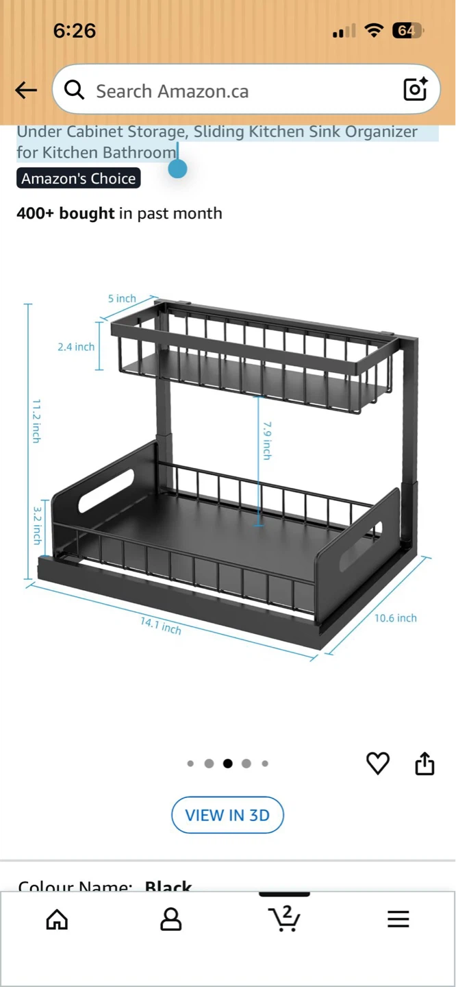 2-Tier Black Under Sink Organizer Shelf