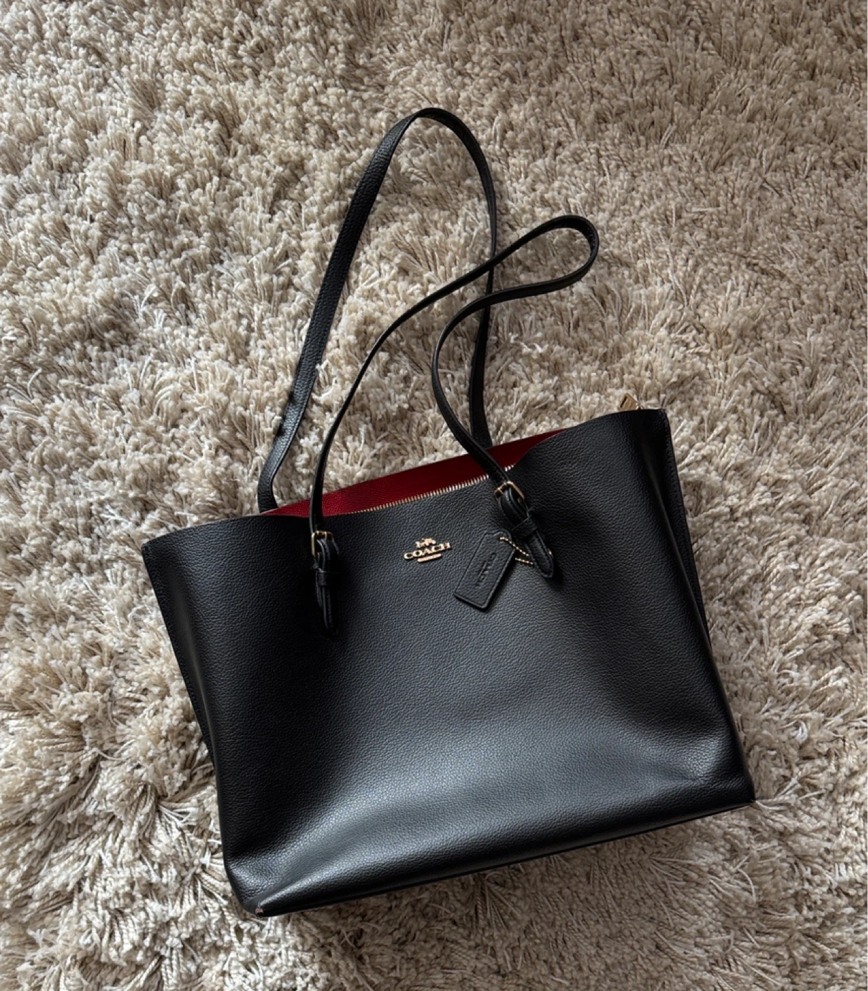 COACH Black Mollie Tote Bag with Red Interior