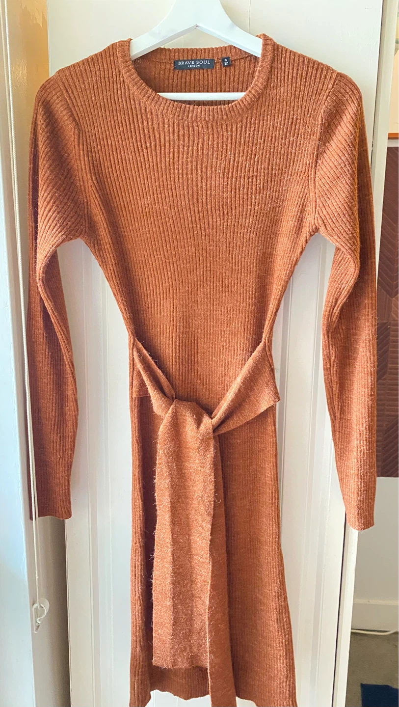 Ribbed Knit Midi Dress - Rust Orange