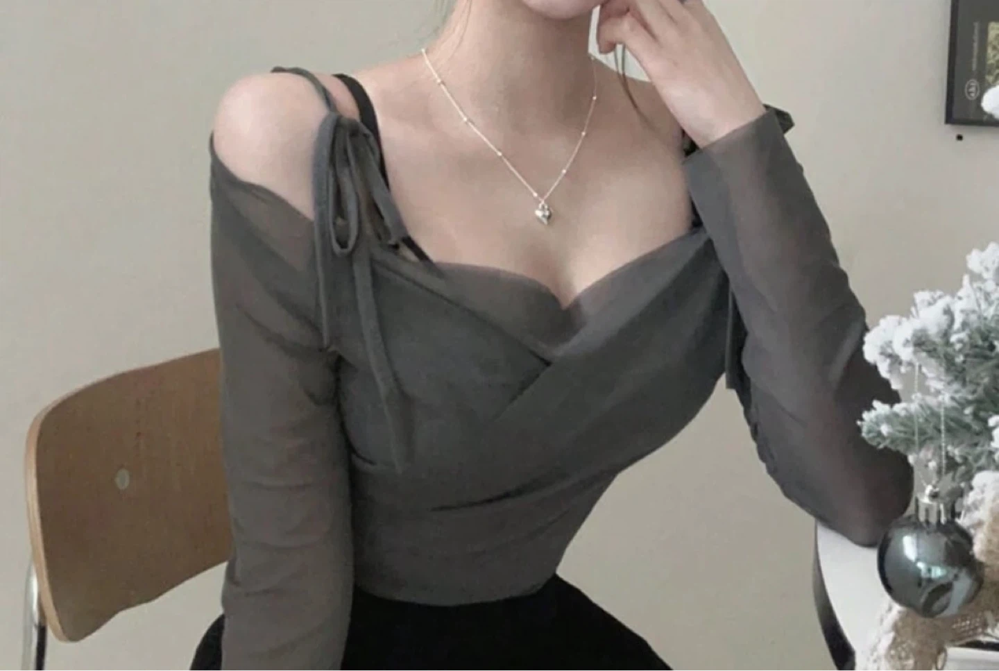 Sheer Mesh Wrap Top - Grey - photo 2