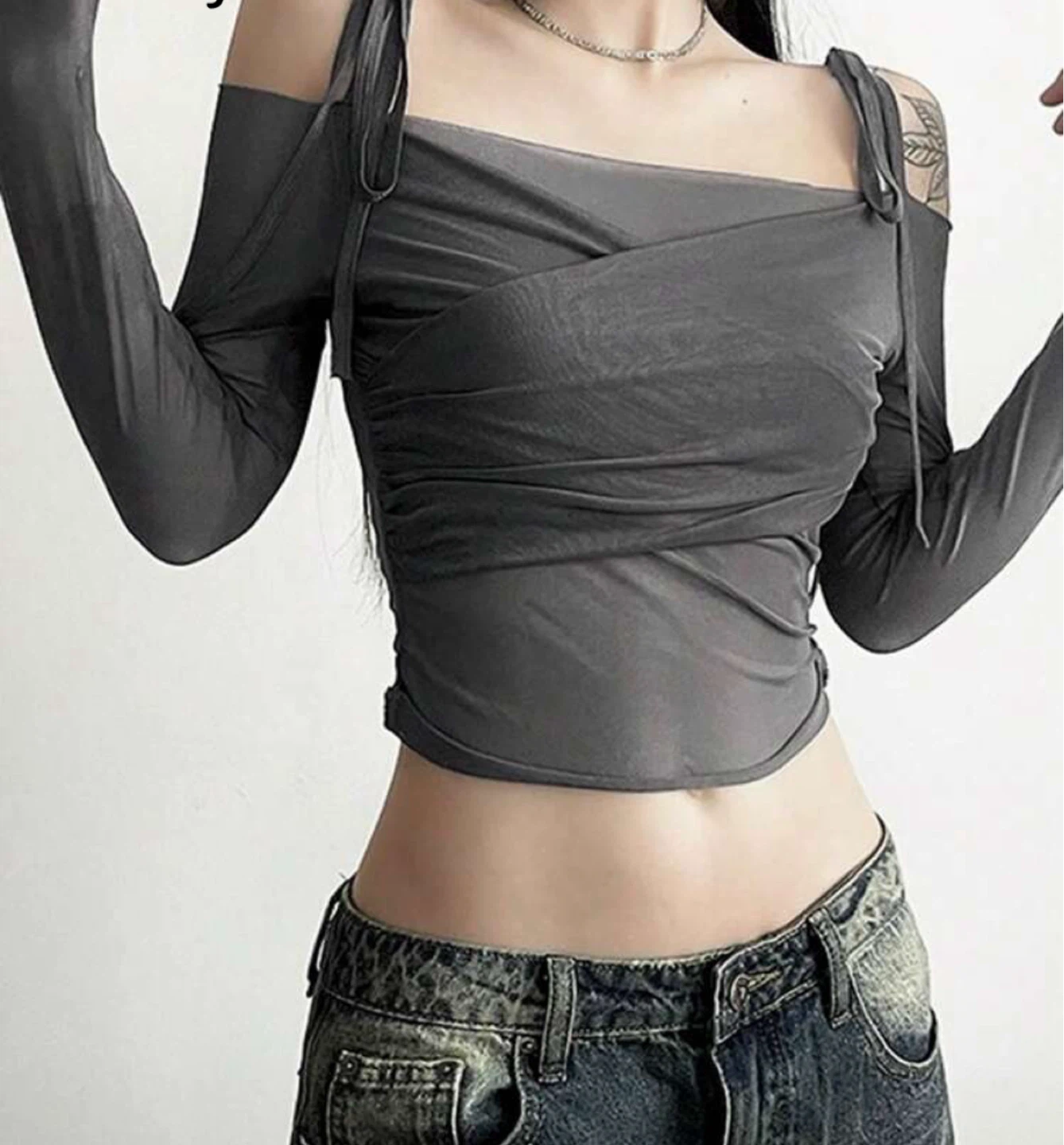 Sheer Mesh Wrap Top - Grey