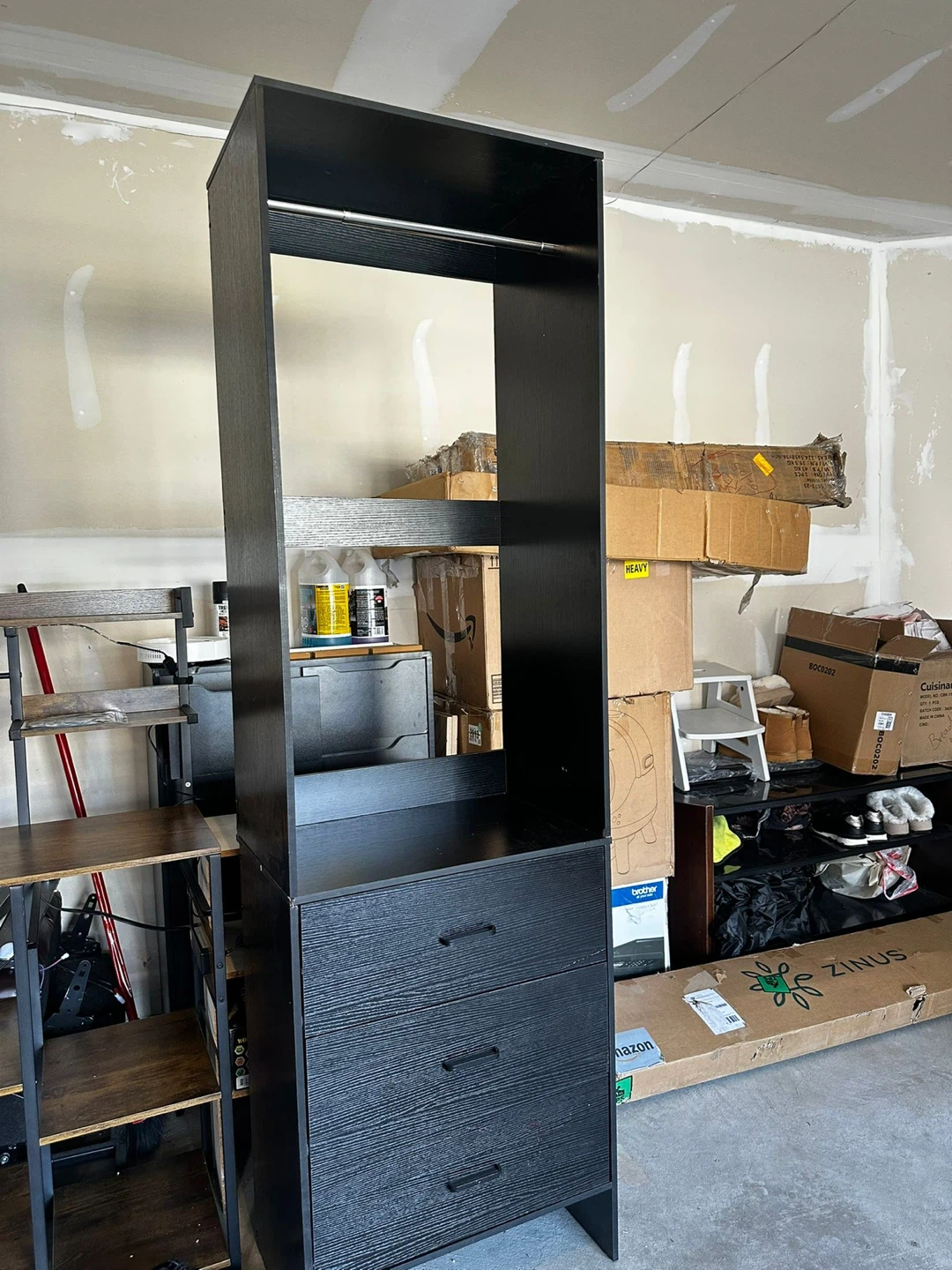 Black Wardrobe with Drawers and Hanging Rod