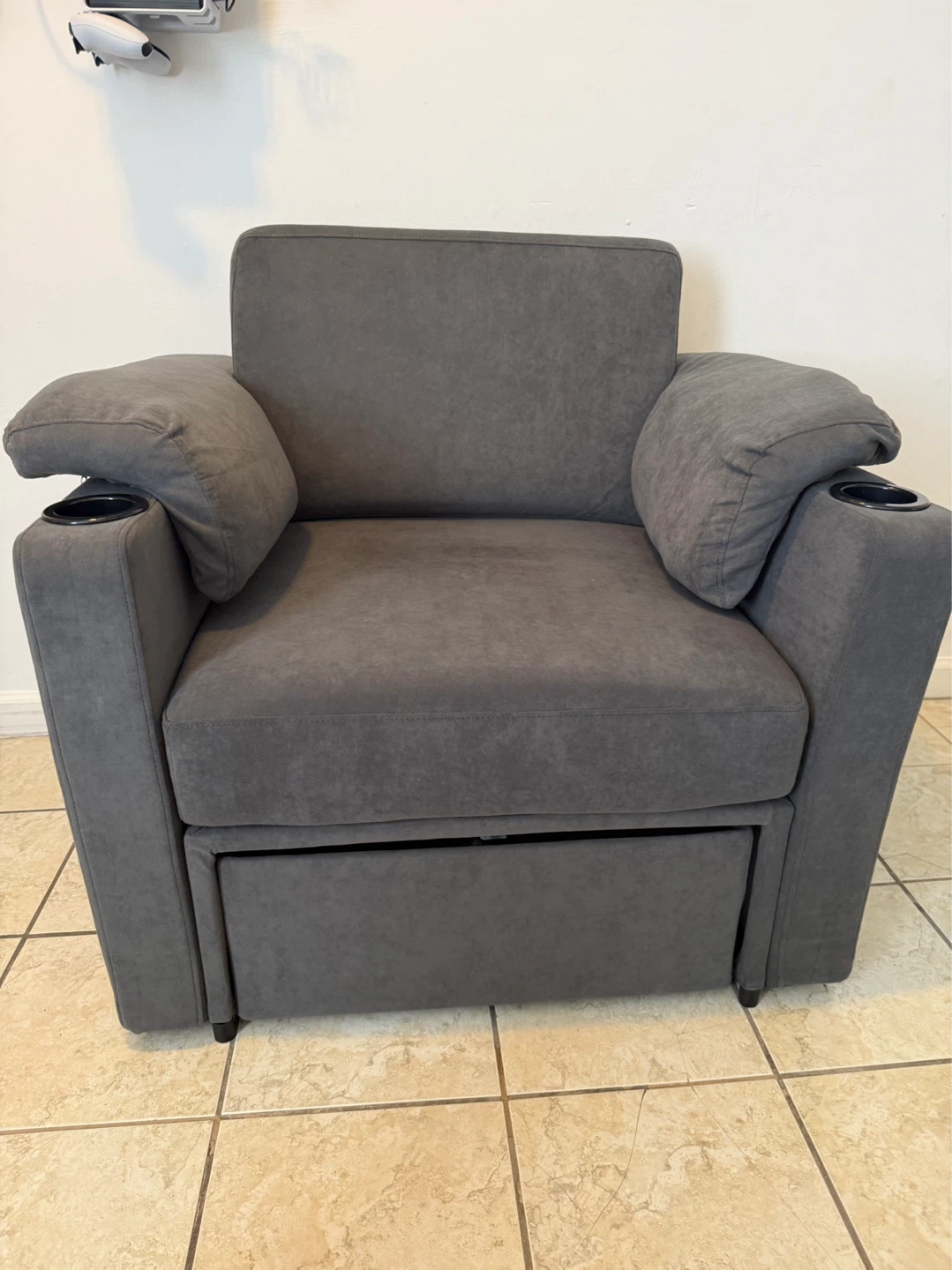 Gray Armchair with Cup Holders and Storage