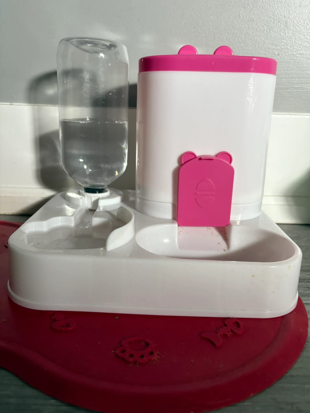 White and Pink Pet Feeder with Water Dispenser