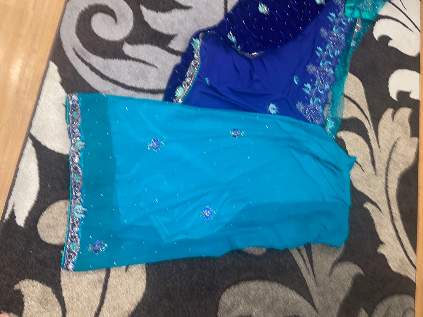 Embroidered Blue and Teal Velvet Saree/Sari