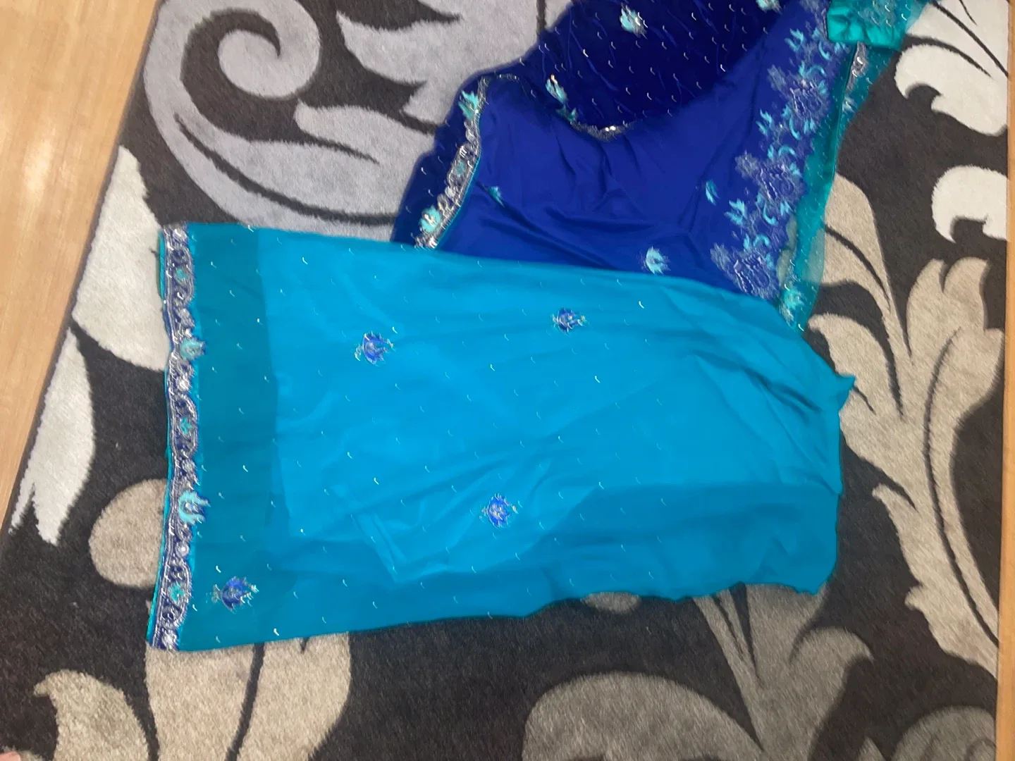Embroidered Blue and Teal Velvet Saree/Sari