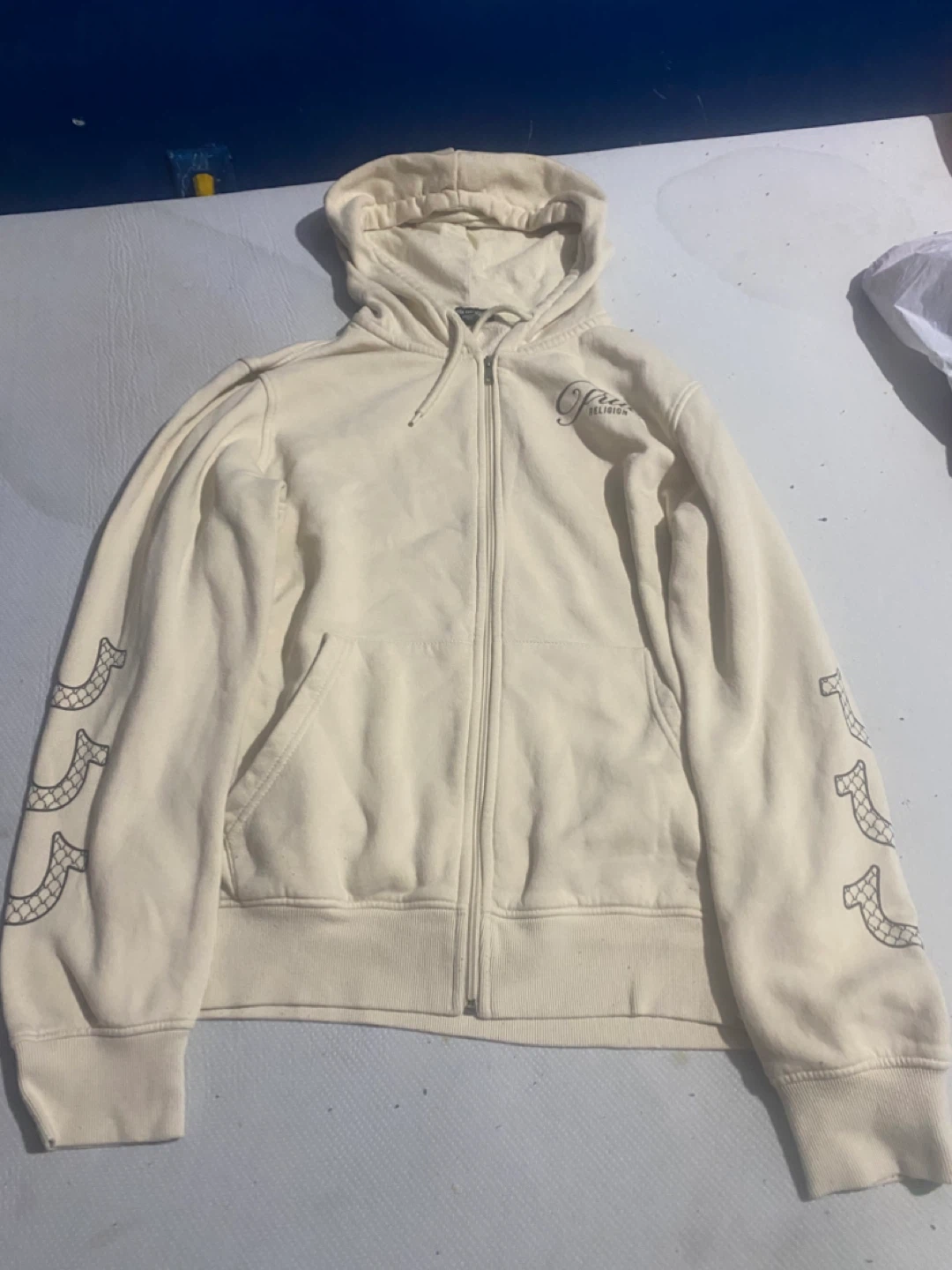 True Religion Cream Buddha Graphic Zip-Up Hoodie