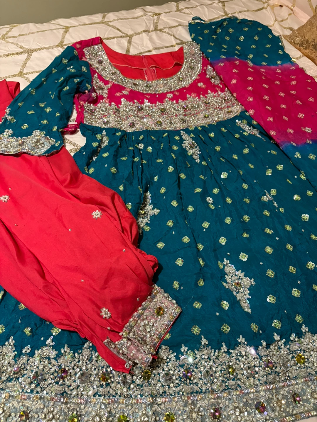 Teal and Pink Embroidered Indian Dress with Dupatta - photo 2