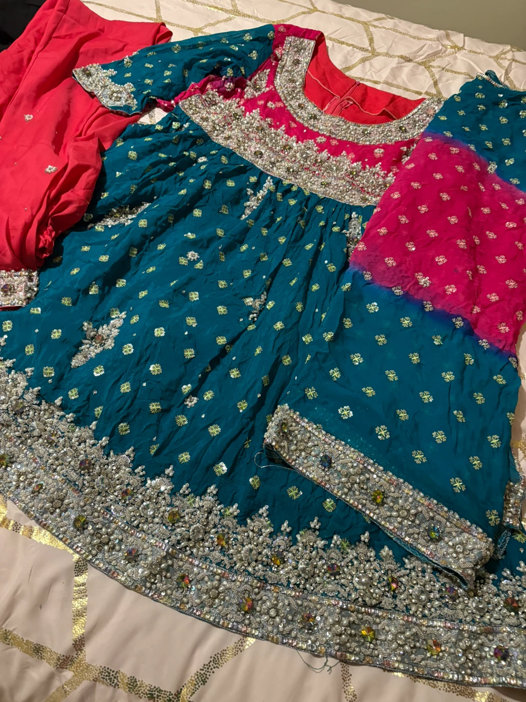 Teal and Pink Embroidered Indian Dress with Dupatta - photo 3