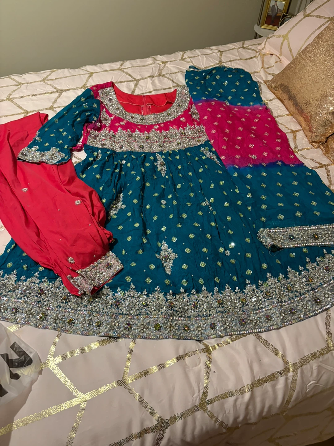 Teal and Pink Embroidered Indian Dress with Dupatta