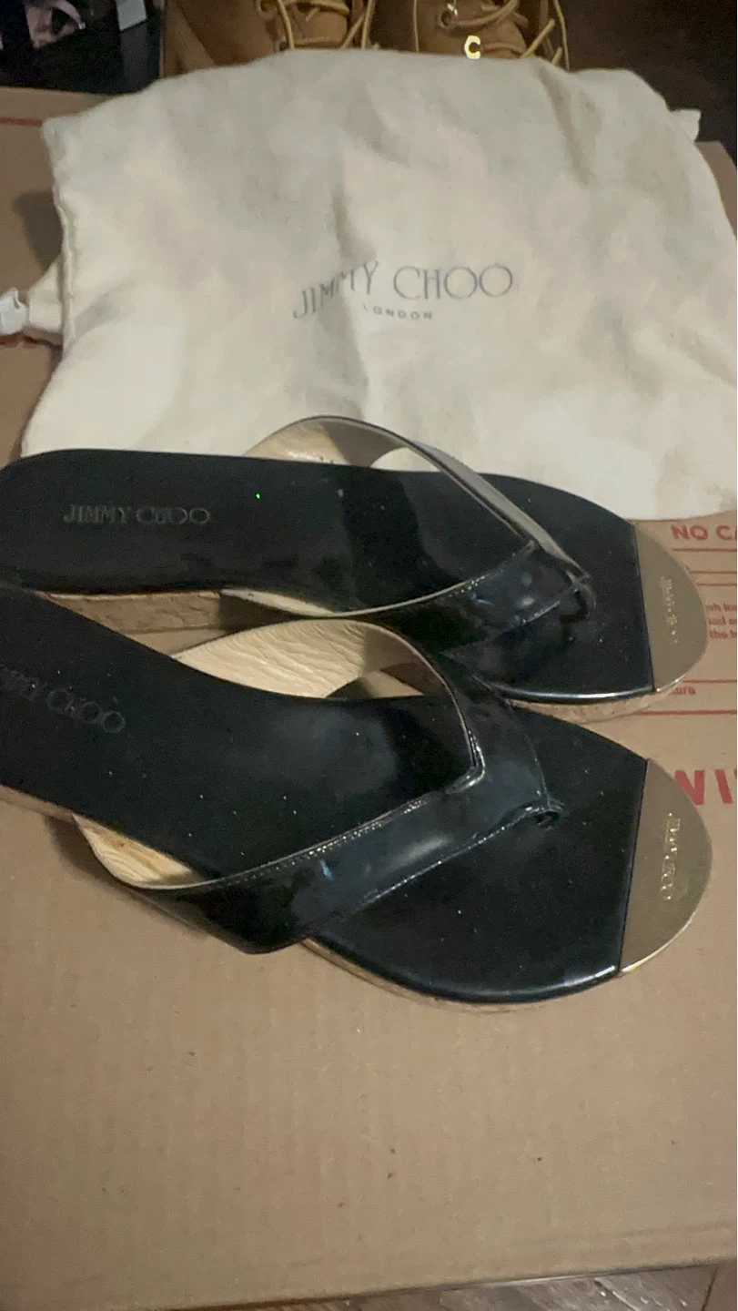 Jimmy Choo Black Patent Leather Thong Sandals