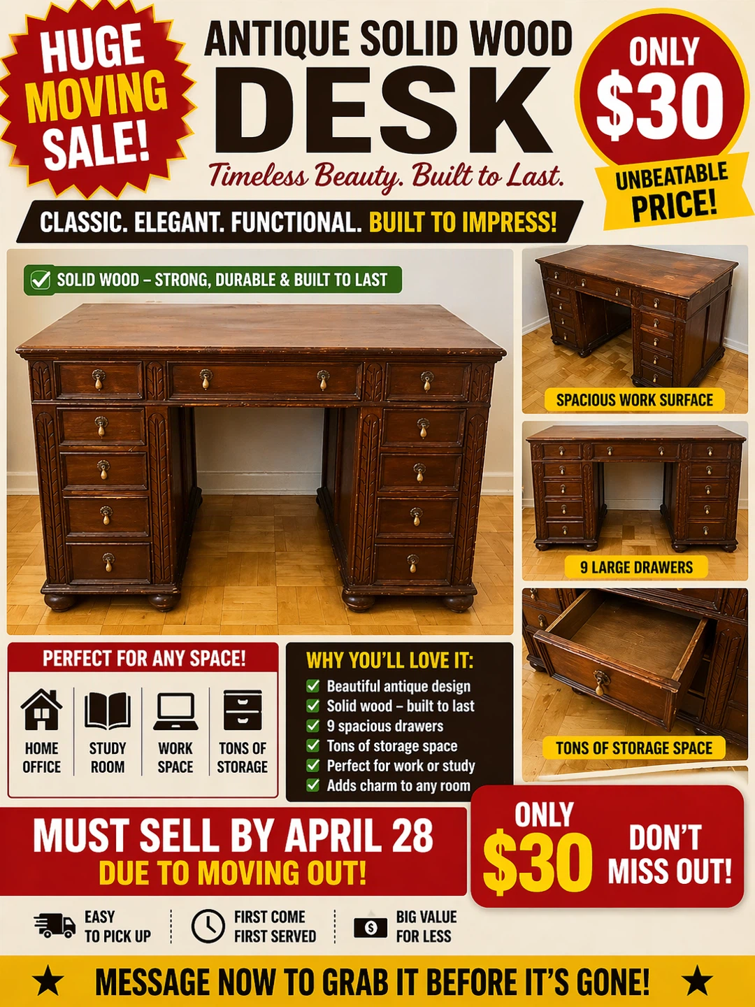 Antique Solid Wood Desk - Timeless Beauty