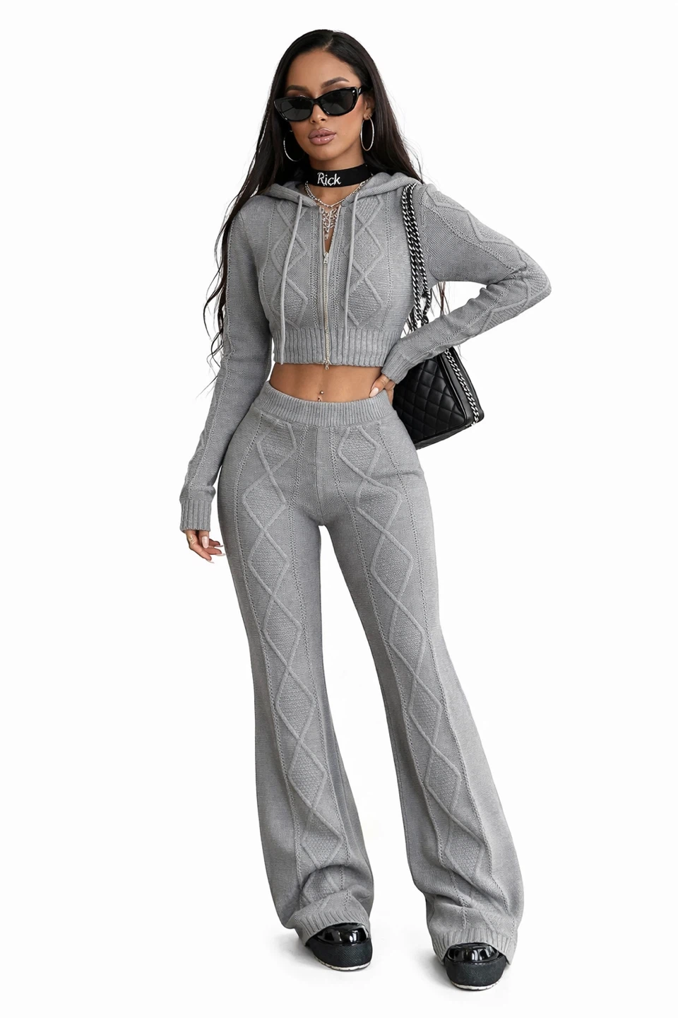 Grey Knit Cropped Hoodie and Flare Pants Set