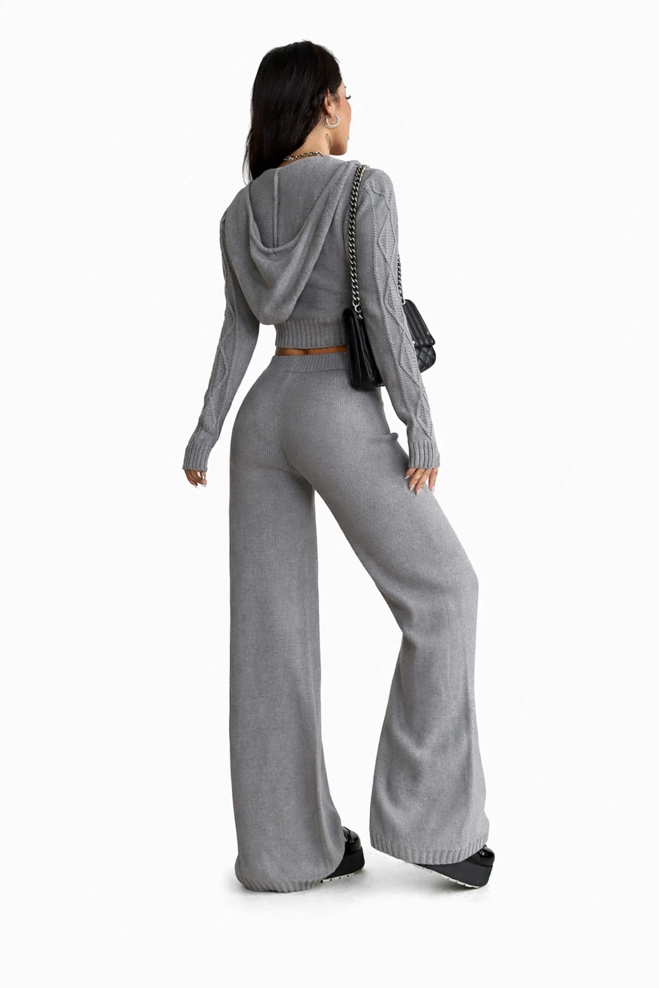 Grey Knit Cropped Hoodie and Flare Pants Set - photo 2