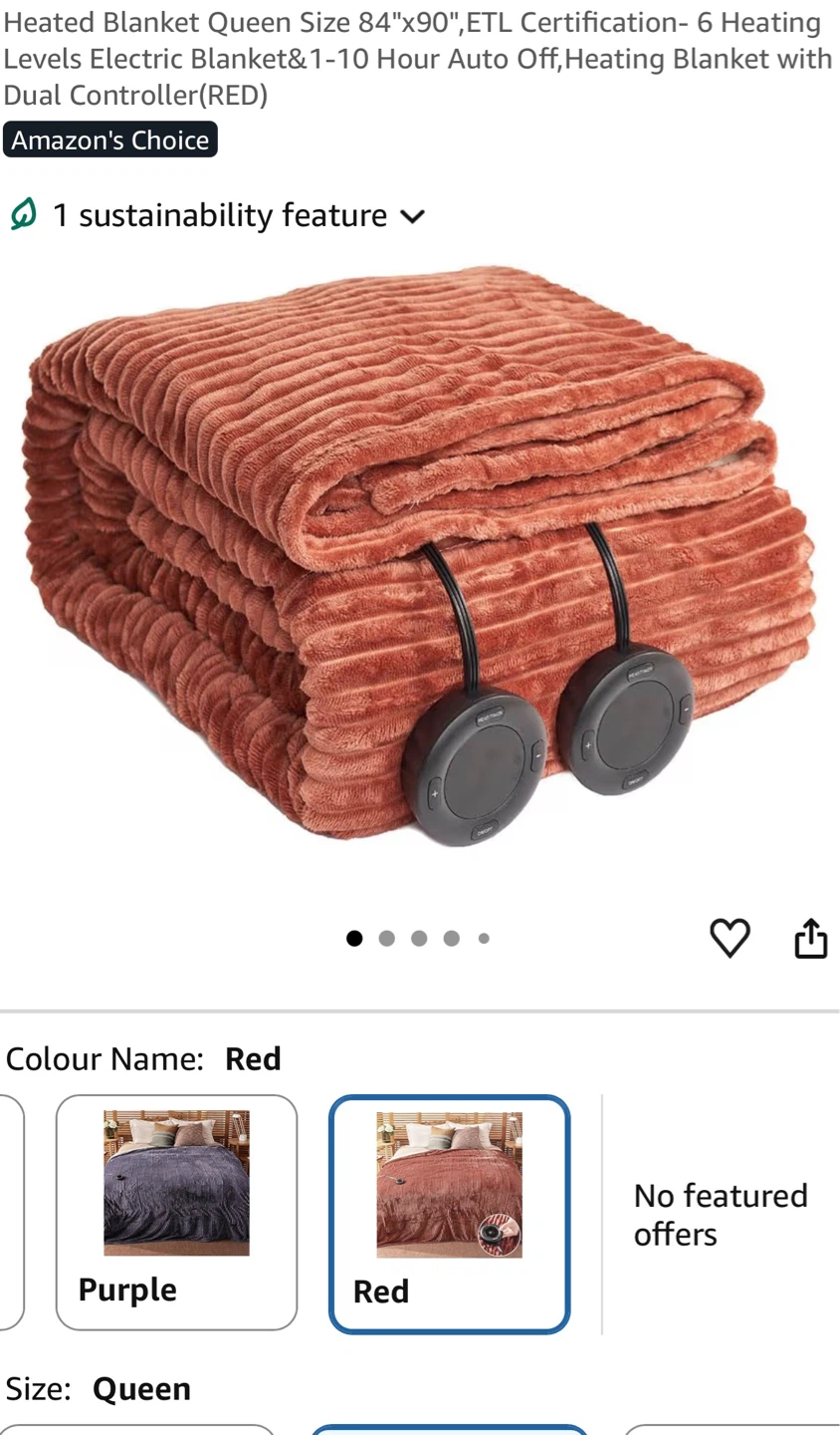Heated Blanket Queen Size 84"x90" Red EB2