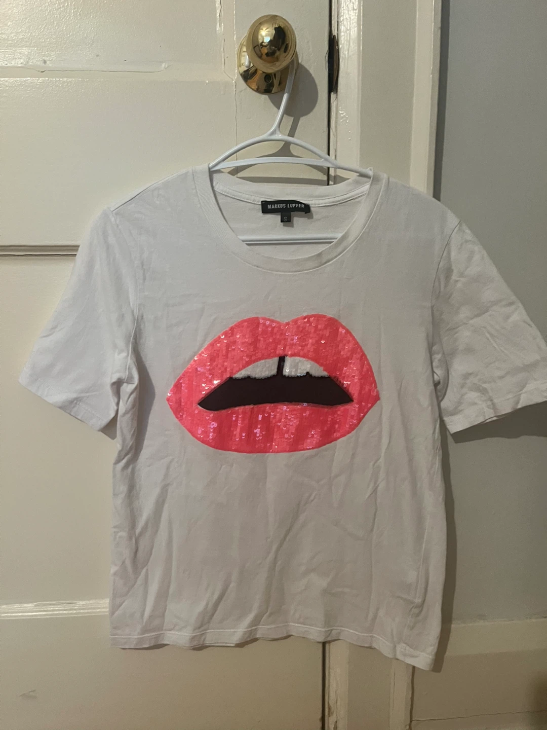 Markus Lupfer White Sequined Lips T-Shirt Size S