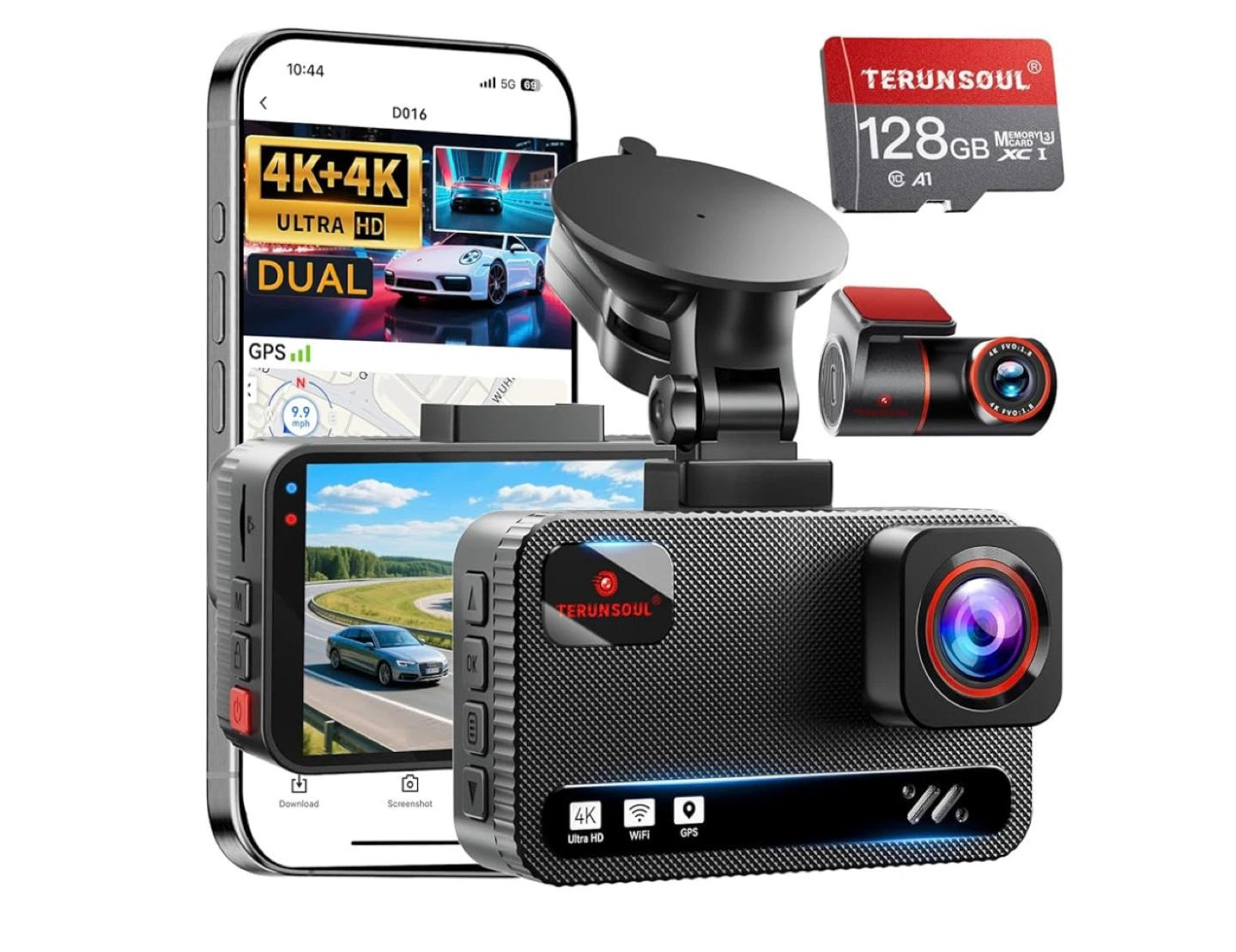 Terunsoul 4K+4K Dual Dash Cam with 128GB SD Card