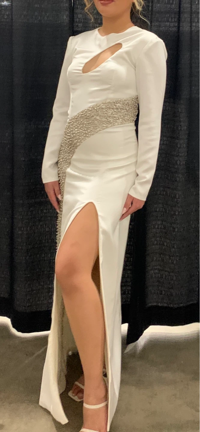 White long sleeve beaded accent dress