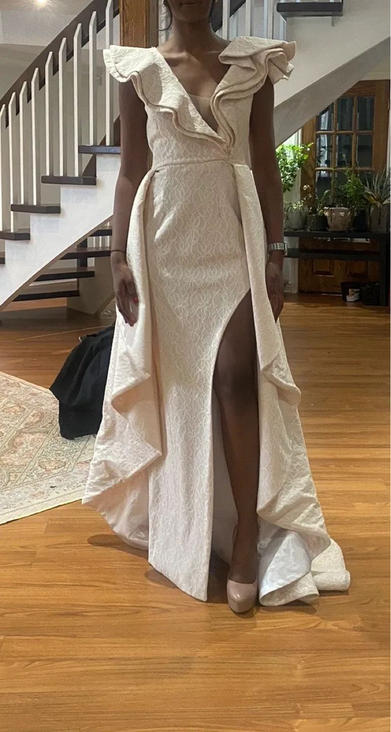Women's Cream Lace Gown with Ruffle Detail