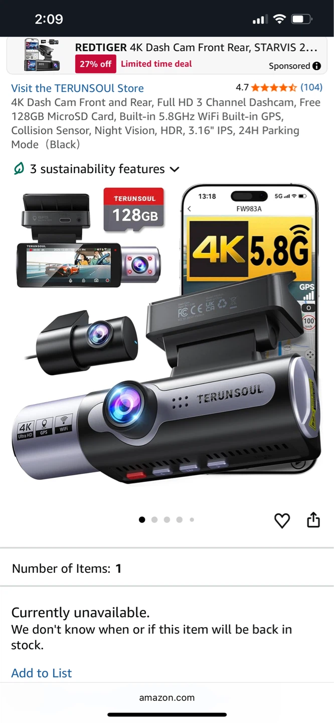 TERUNSOUL 4K Dash Cam Front and Rear with 128GB MicroSD Card