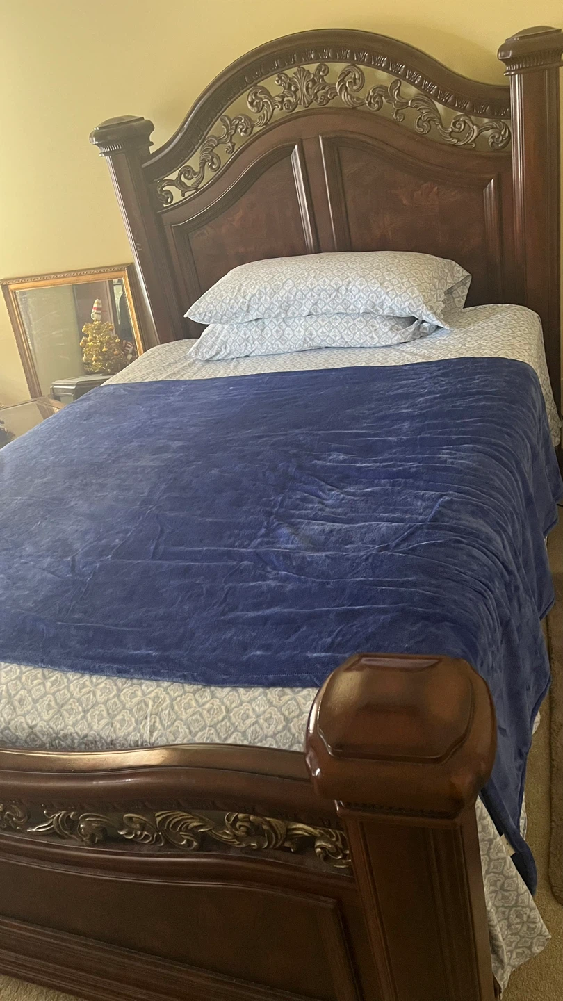 Hardwood Bed and Dark Wood Nightstand with 3 Drawers