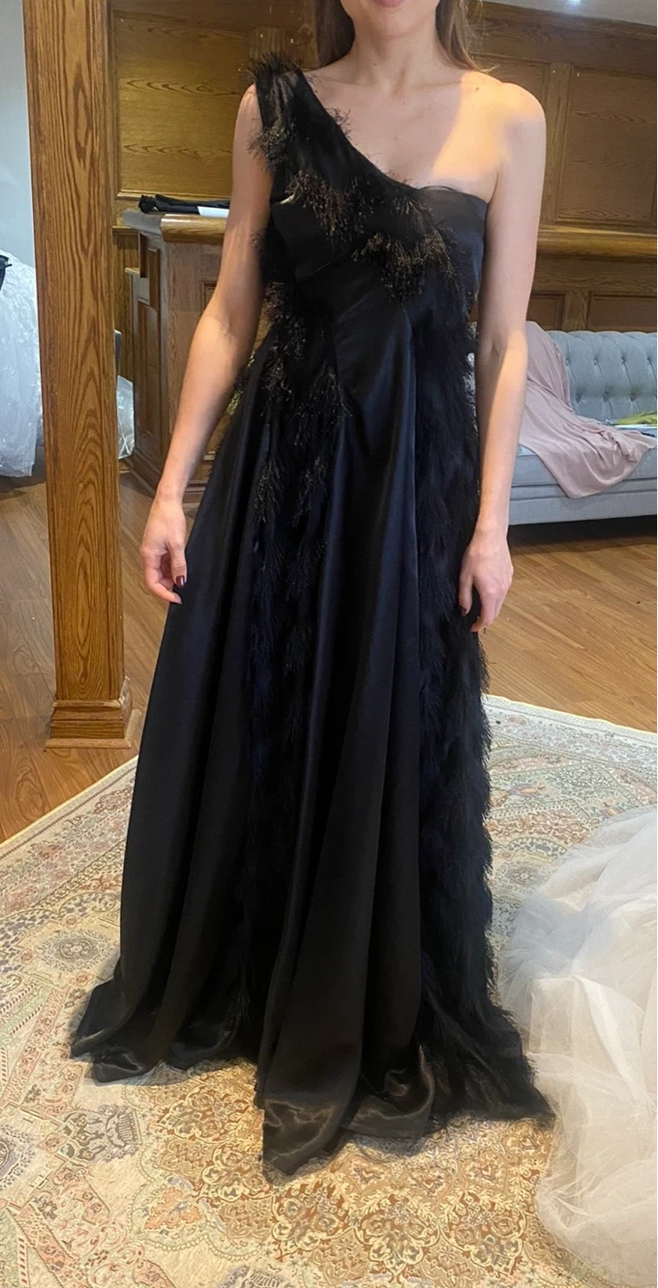 Black One-Shoulder Feather Gown
