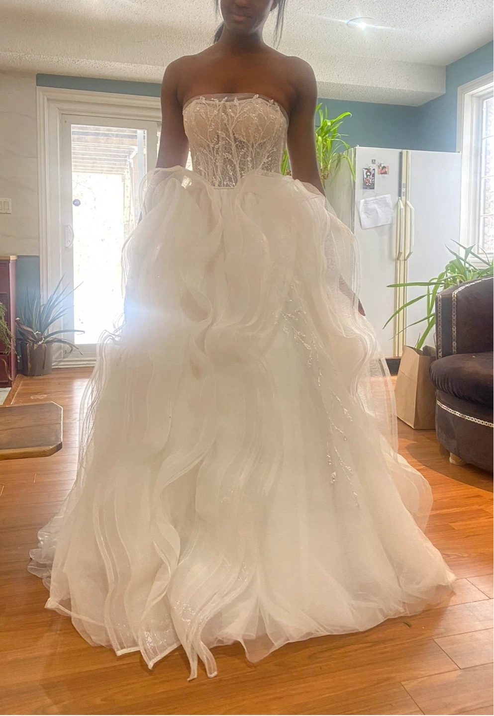 White strapless wedding dress with beading