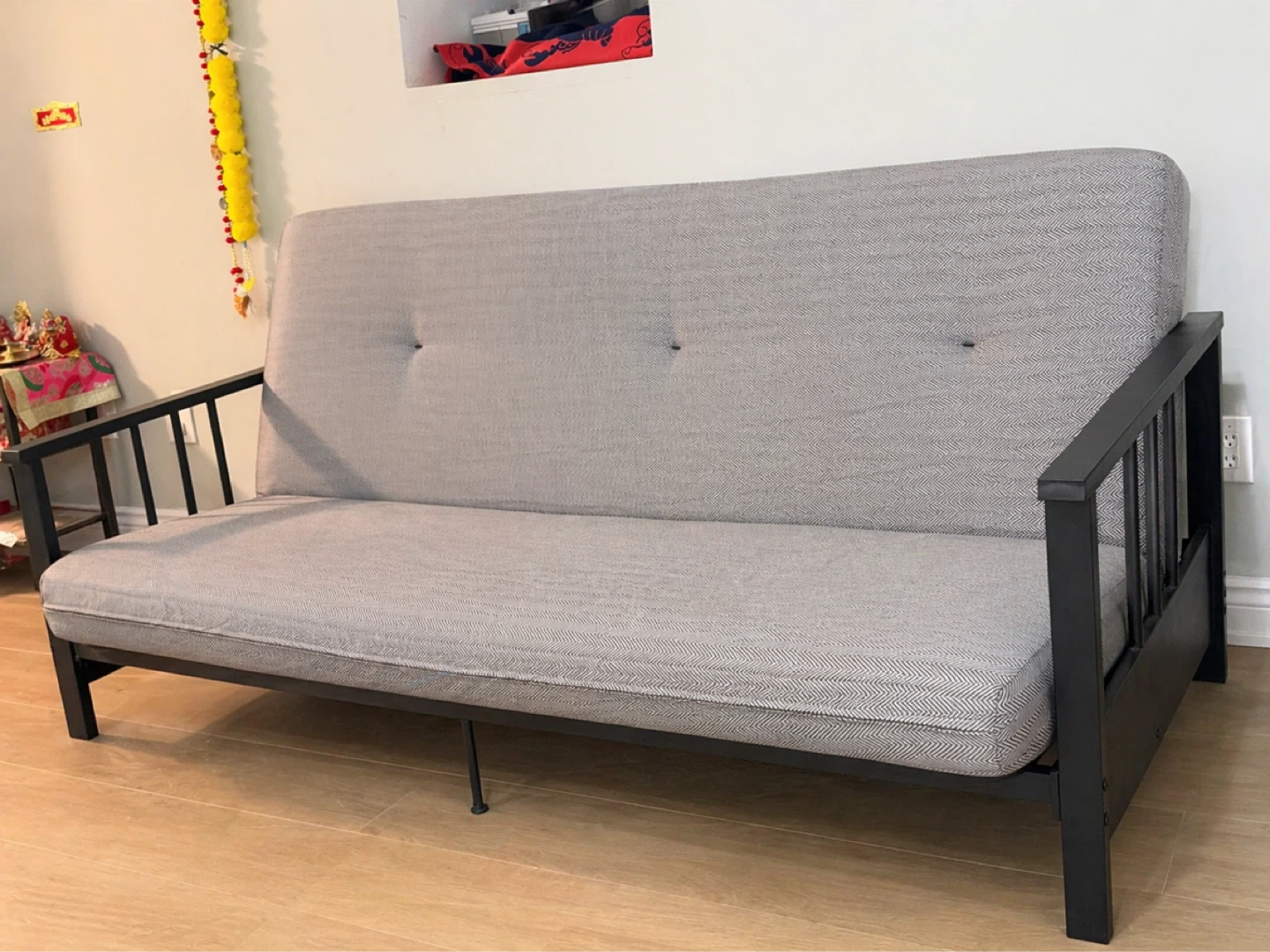 Grey Futon Sofa with Black Metal Frame and 6" mattress