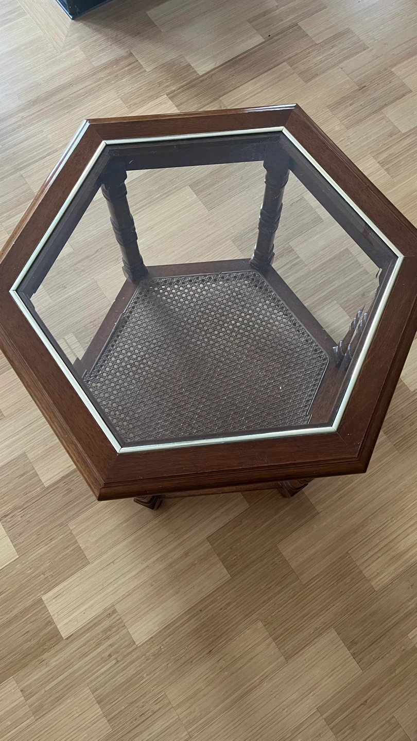 2 antique Hexagonal wood and glass accent tables