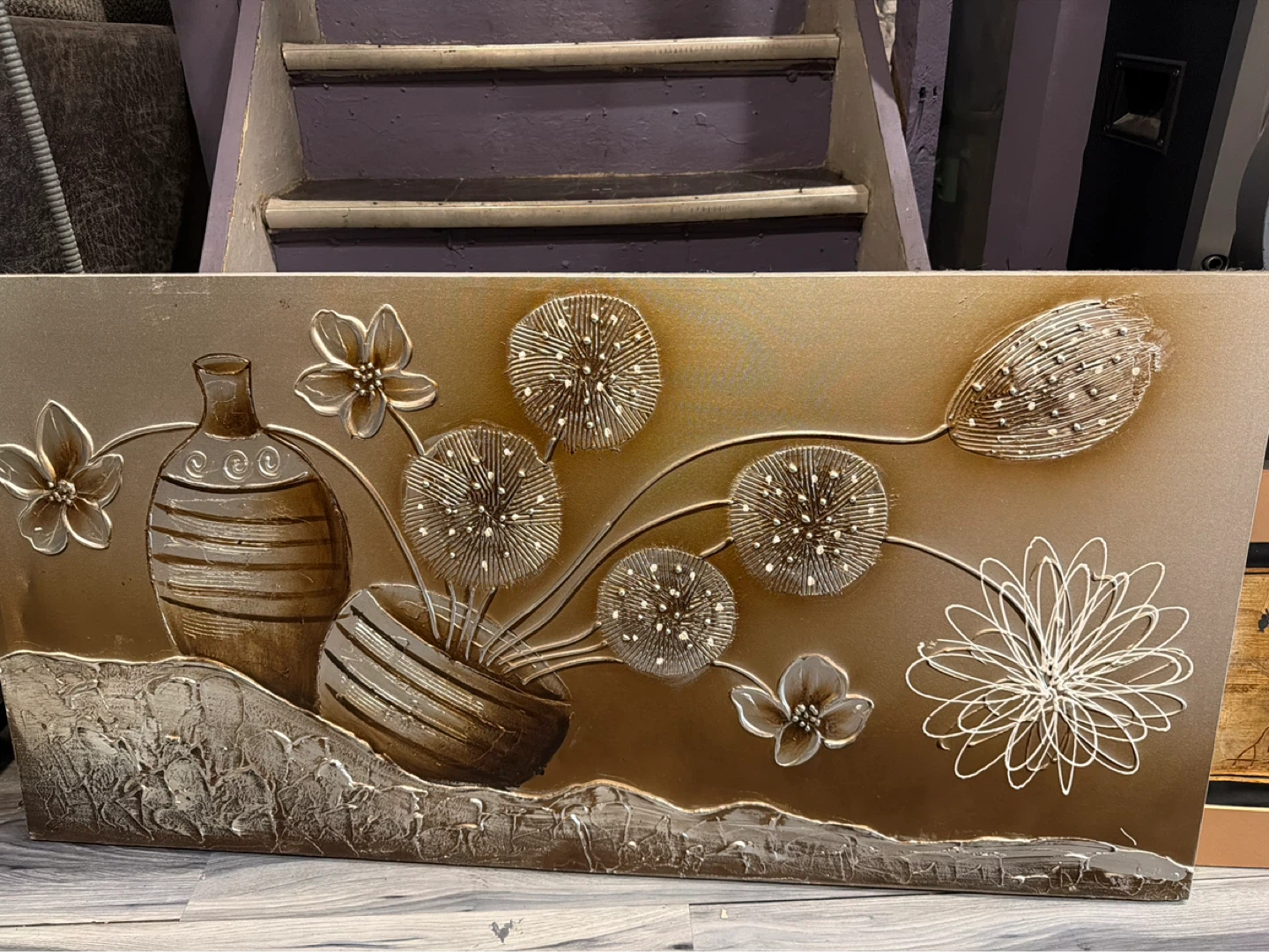 Textured Wall Art with Vase and Flowers