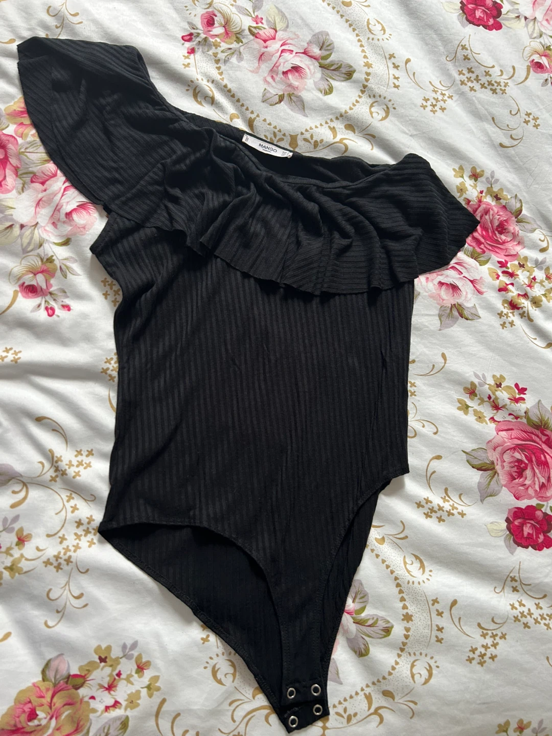 Mango Black Ribbed One-Shoulder Ruffle Bodysuit