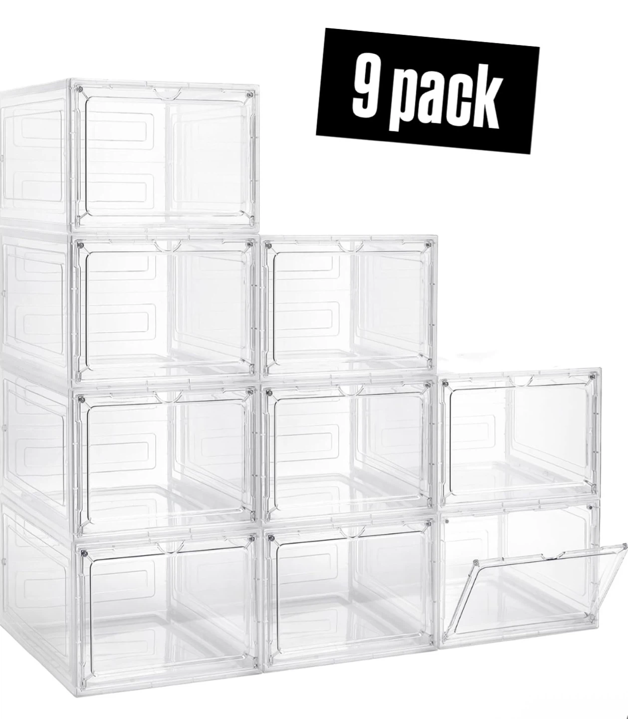 Clear Plastic Stackable Shoe Box Storage Containers - 9 Pack