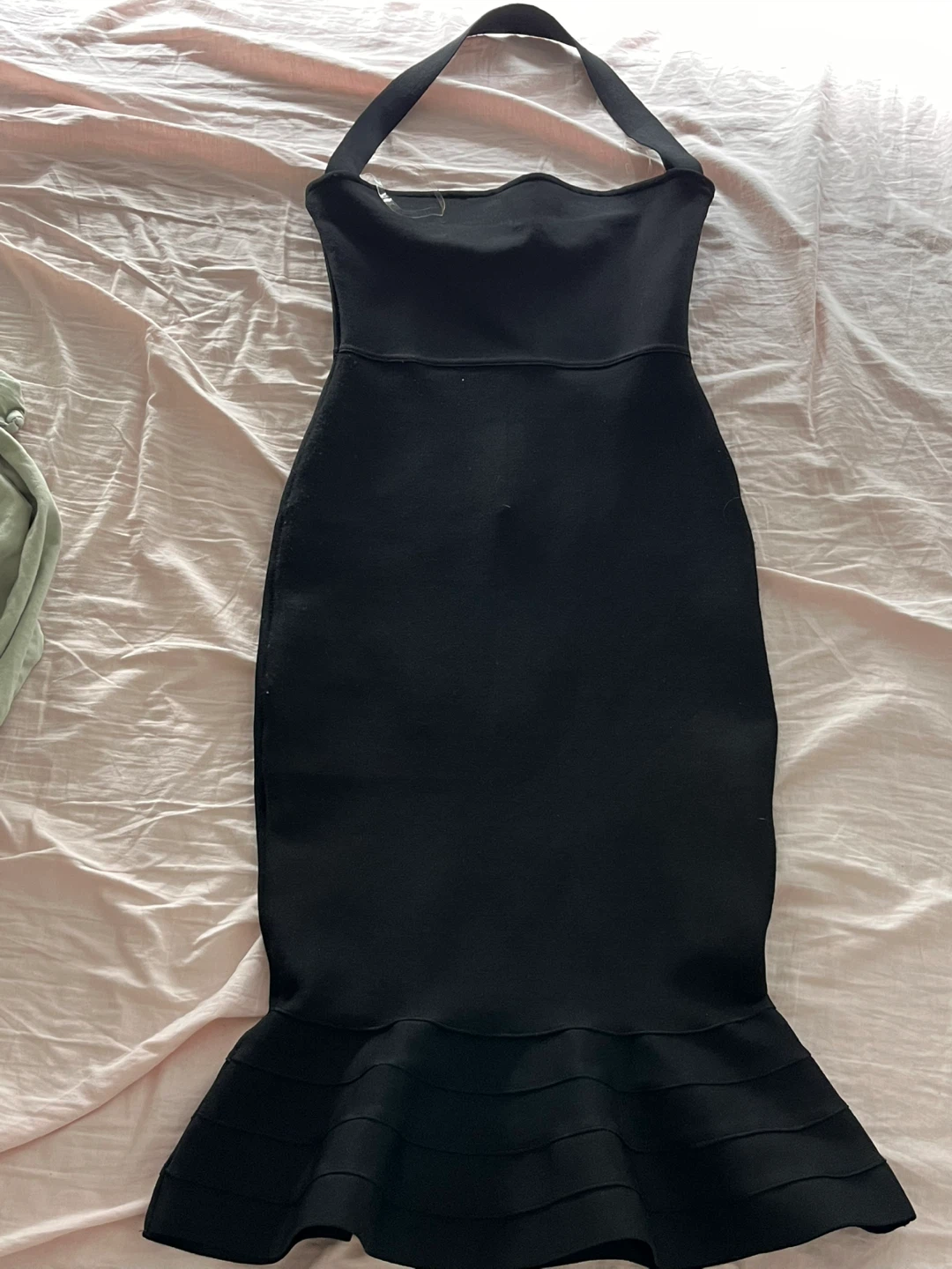 Chelsea black bodycon midi dress with halter neck