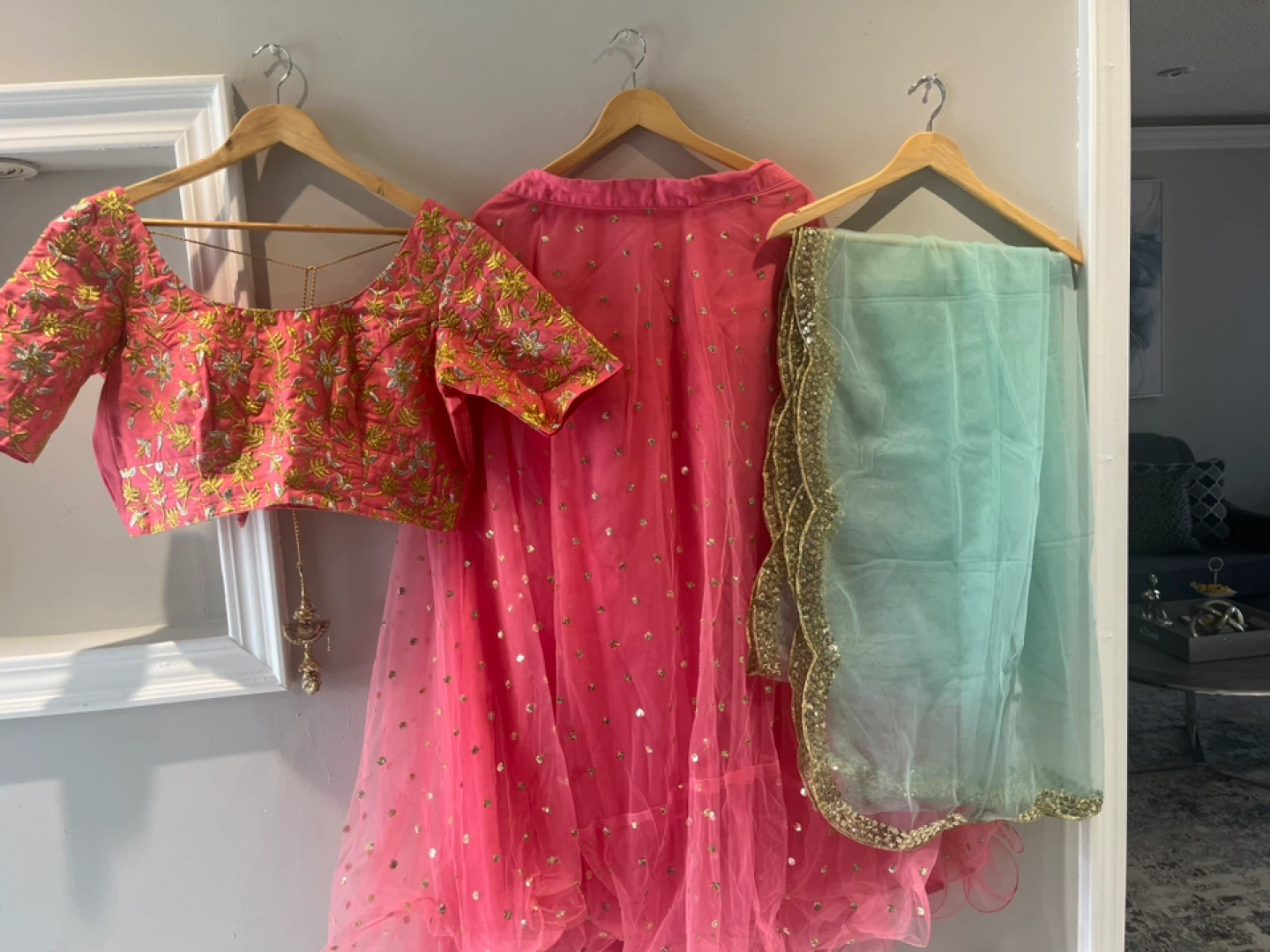 Pink Embroidered Lehenga Choli with Mint Green Dupatta