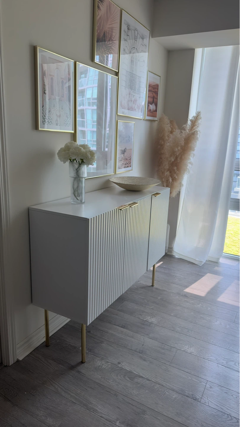 Beautiful *Like New* White Sideboard with Gold Tabs and Legs