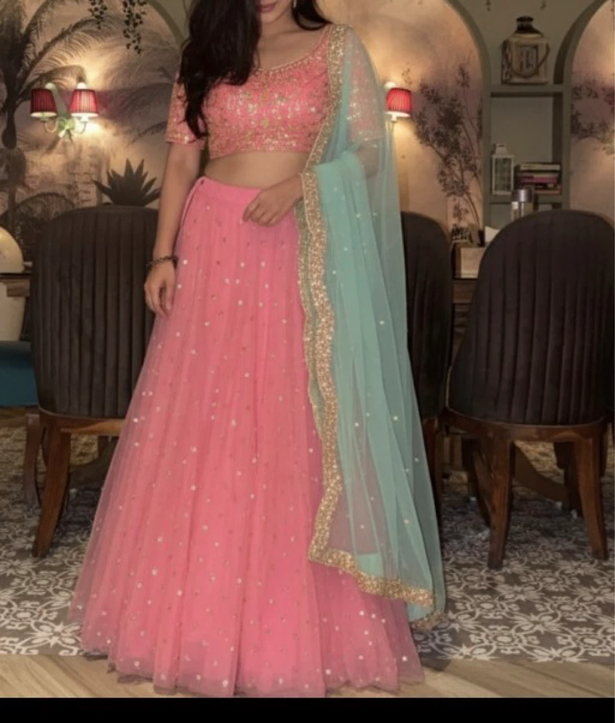 Pink Embroidered Lehenga Choli with Mint Green Dupatta - photo 2
