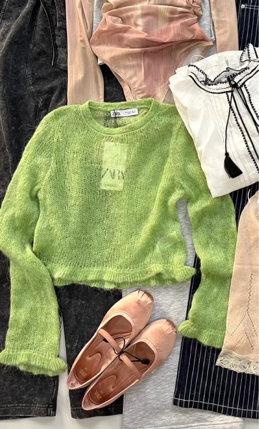 Soft Green Sheer Knit Alpaca Sweater - Size S