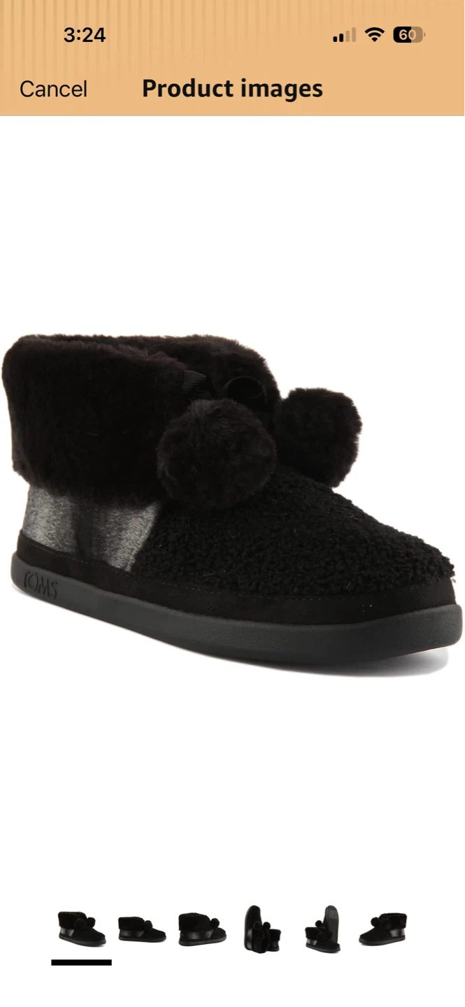 New-TOMS Women's Black Faux Fur Pom Pom Slippers