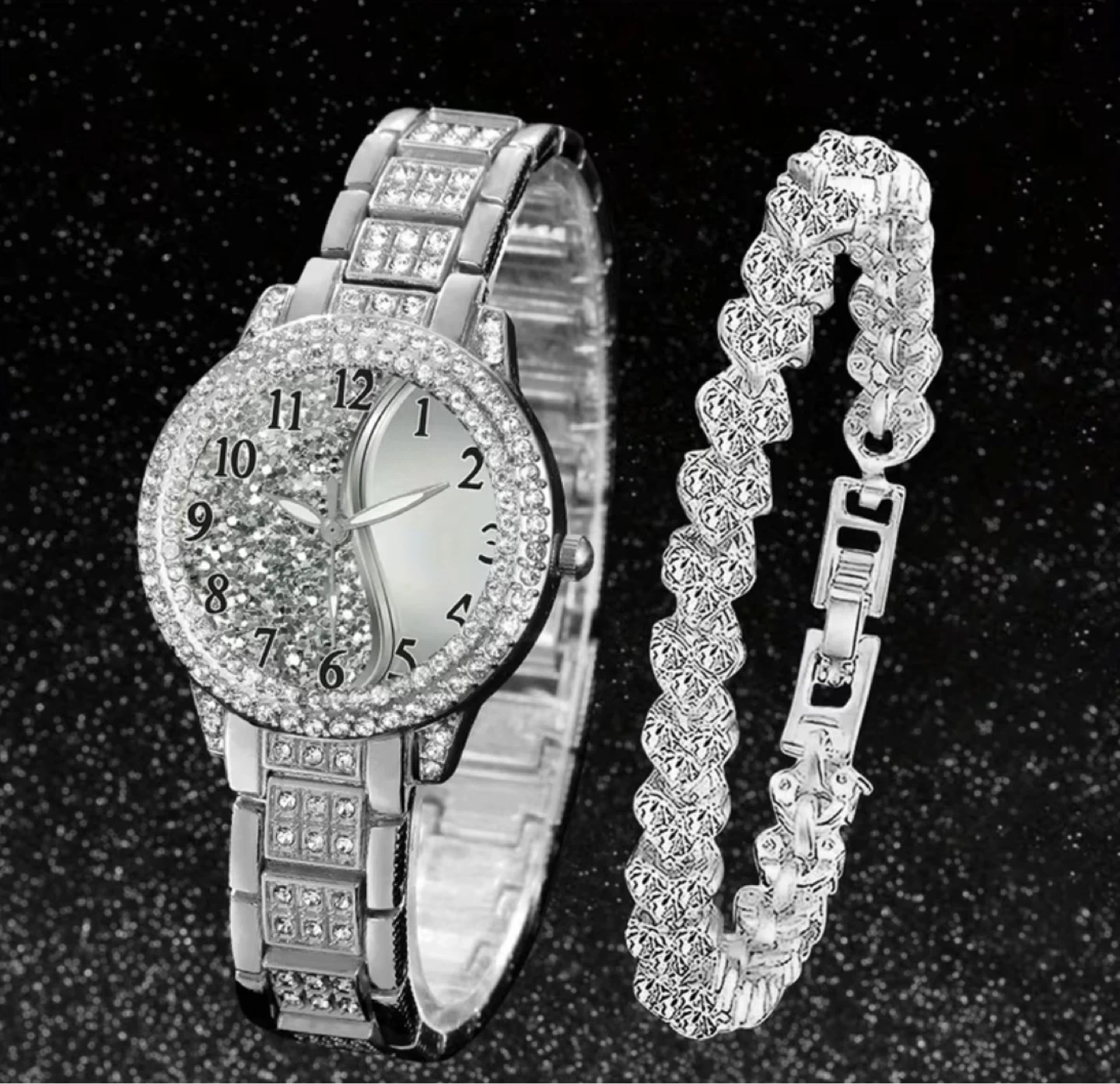 New Women's Crystal Watch and Bracelet Set - Silver Tone