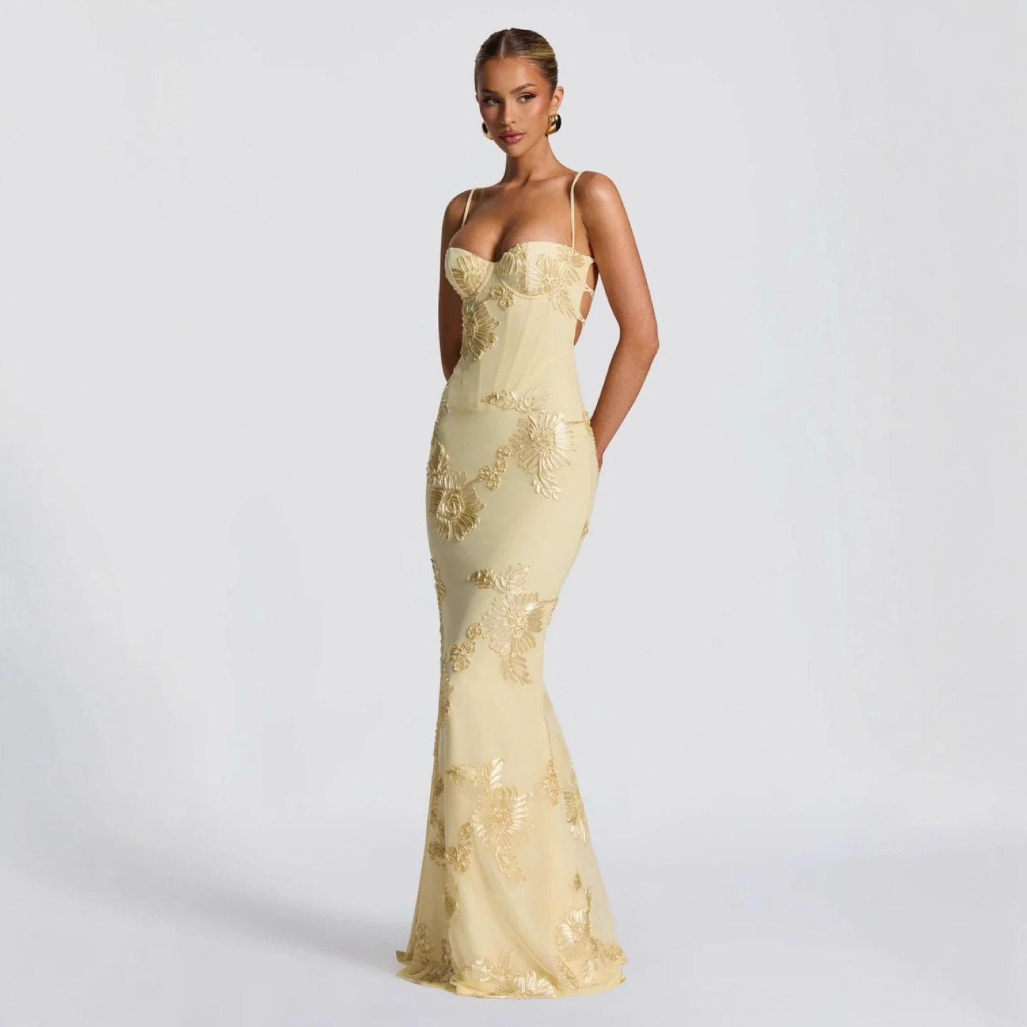 Yellow Floral Embroidered Maxi Dress