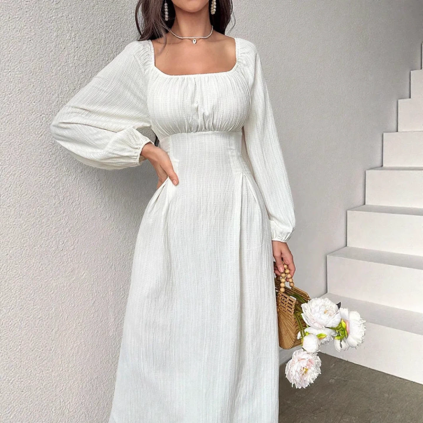 White Puff Sleeve Lace-Up Back Midi Dress - photo 2