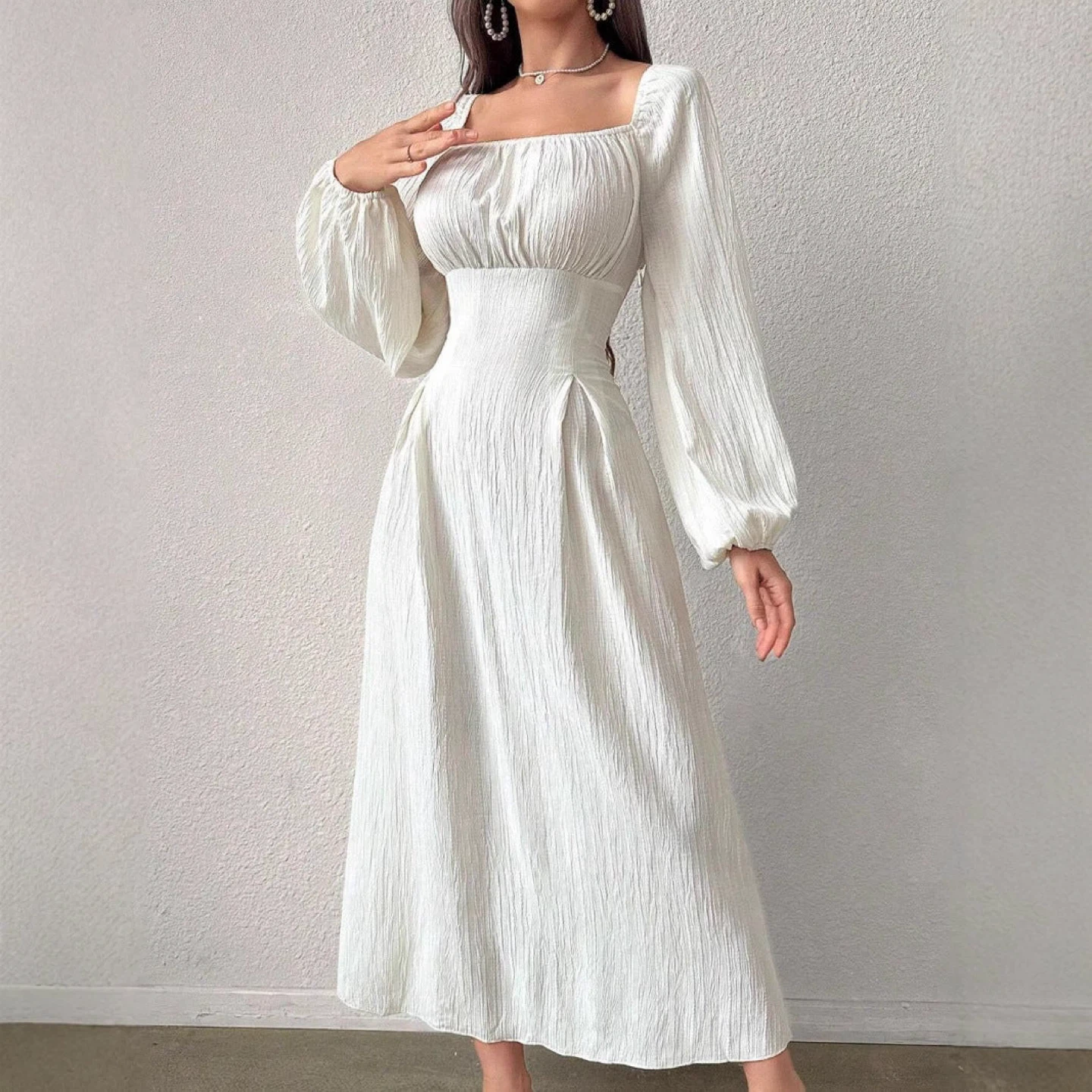 White Puff Sleeve Lace-Up Back Midi Dress
