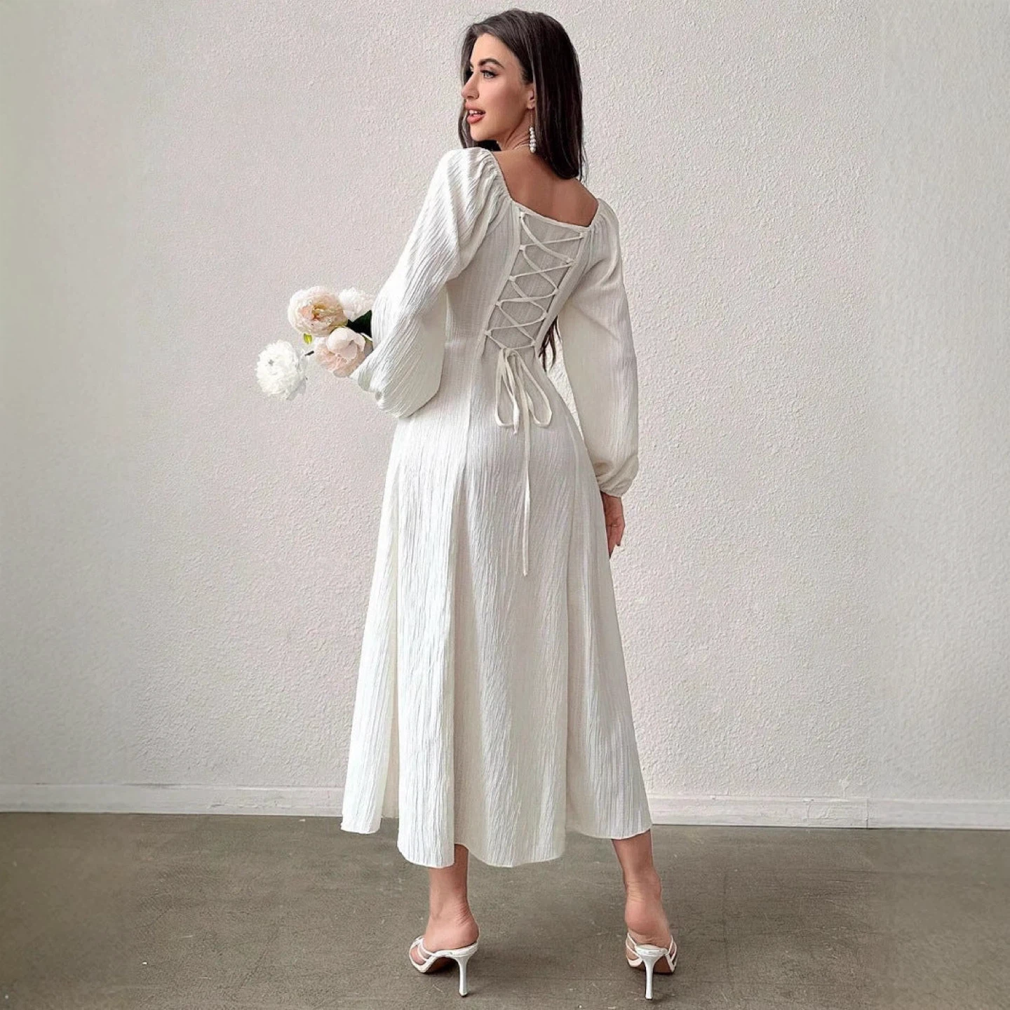 White Puff Sleeve Lace-Up Back Midi Dress - photo 3
