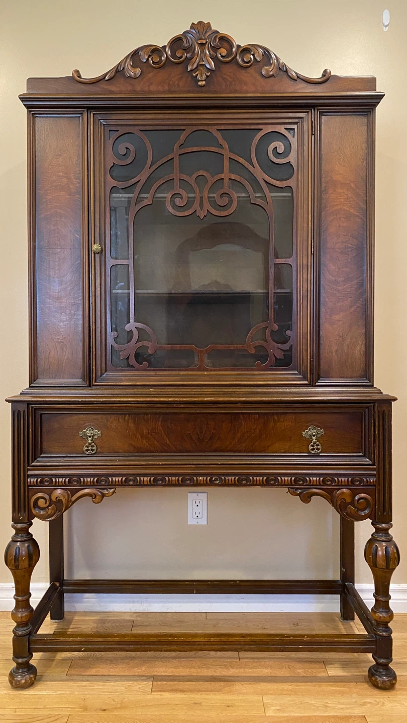 Vintage Walnut Jacobean Style China Display Cabinet