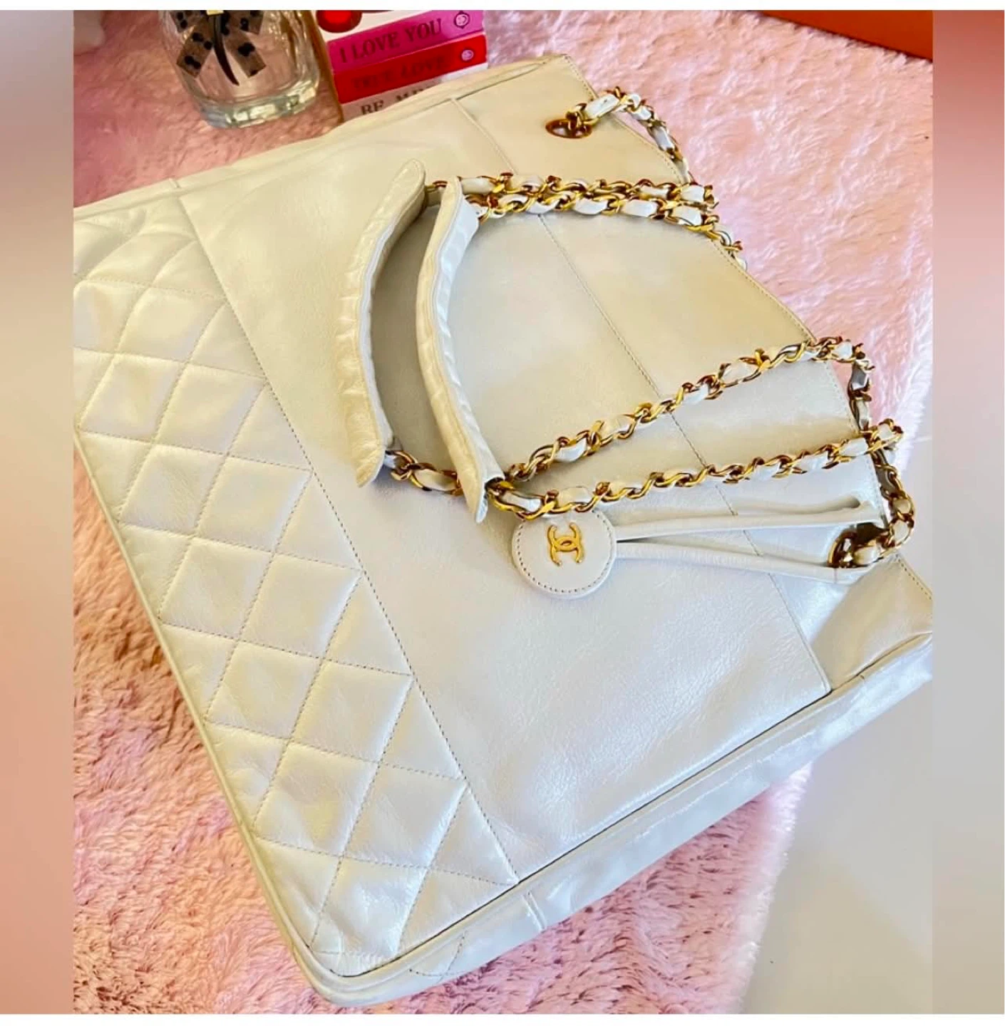White Leather Chanel Tote Bag