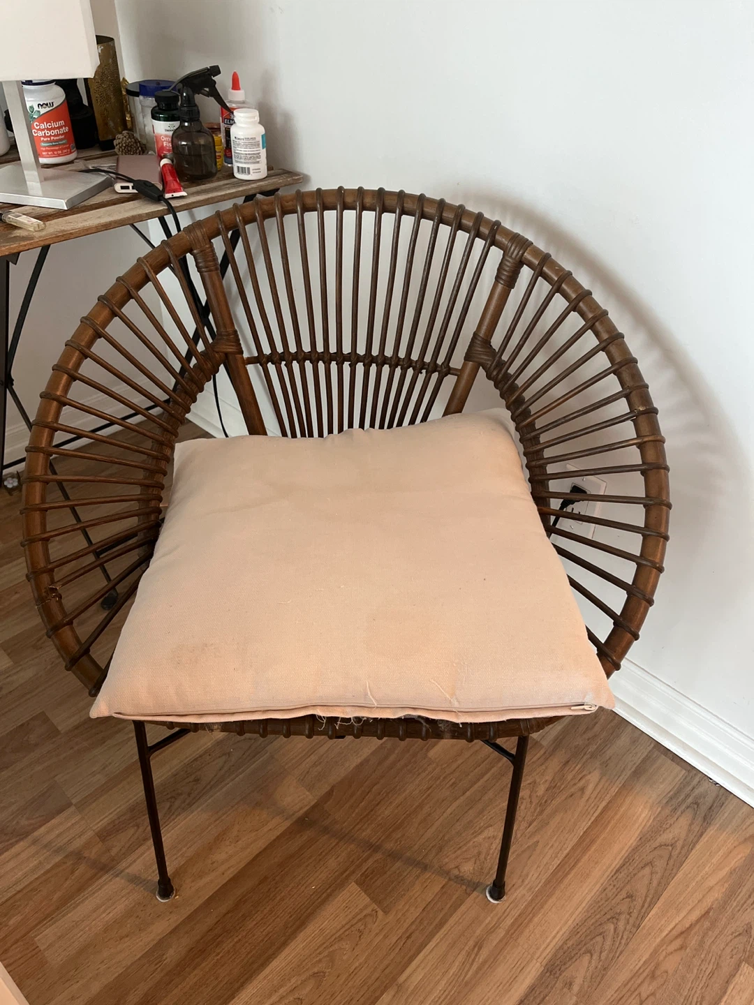 Rattan Sunburst Accent Chair with Pink Cushion
