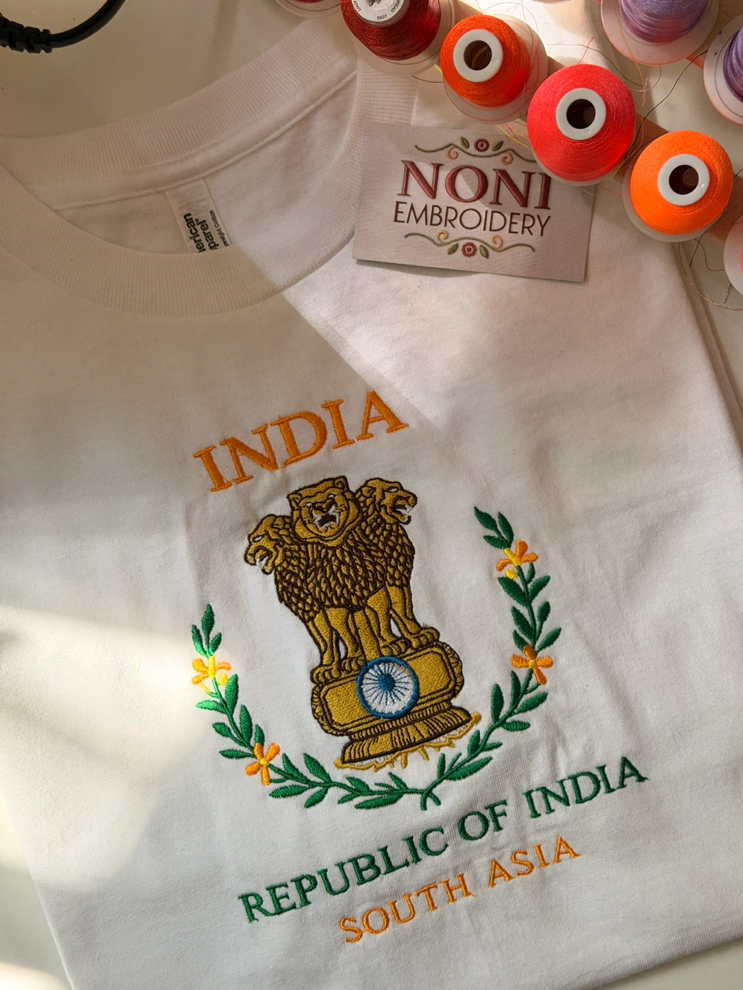 White T-Shirt with India Emblem Embroidery