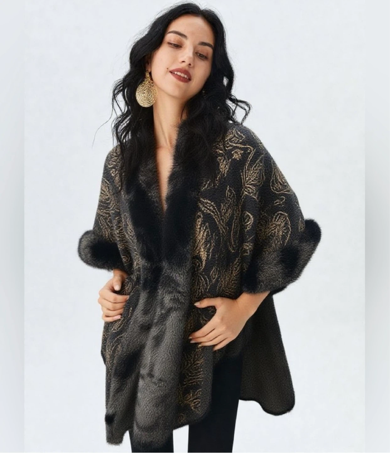 Carla Ferroni Black & Tan Paisley Faux Fur Shawl size L/XL